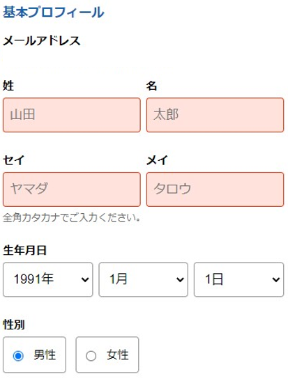 キャリアインデックス基本プロフィール入力画面