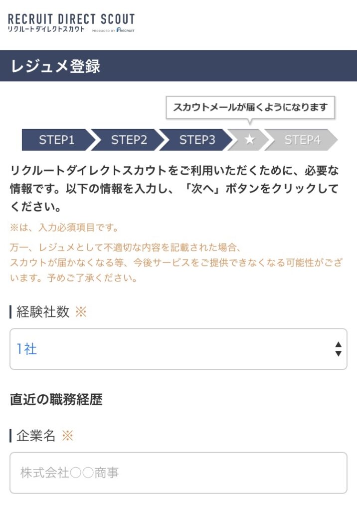 リクルートダイレクトスカウト　登録ページ2