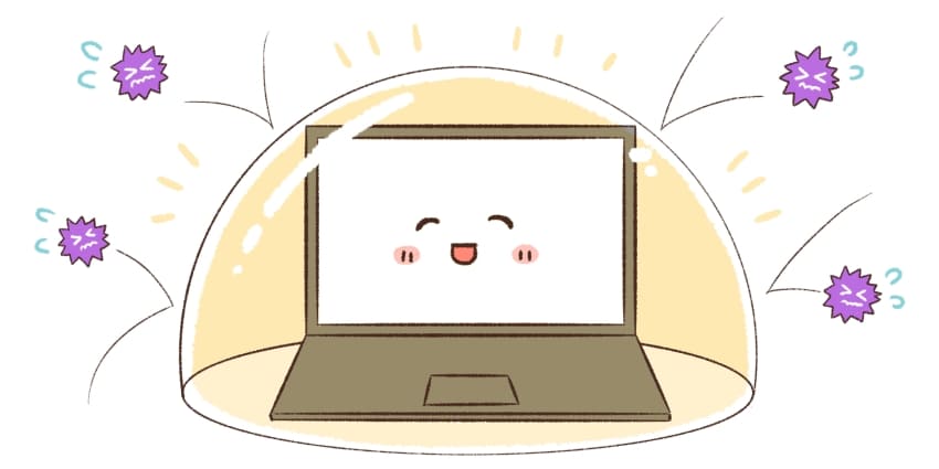 ウイルスから守られているパソコンのイラスト