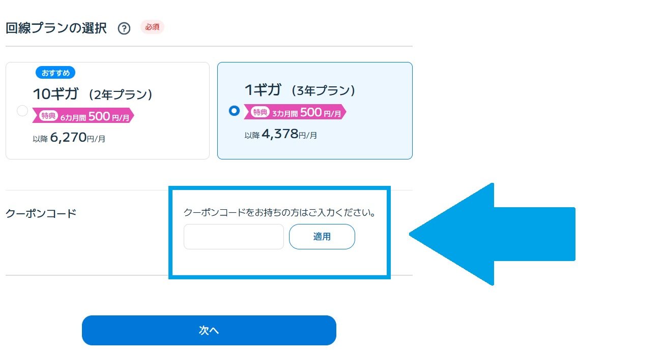 ビッグローブ光 クーポンの入力画面