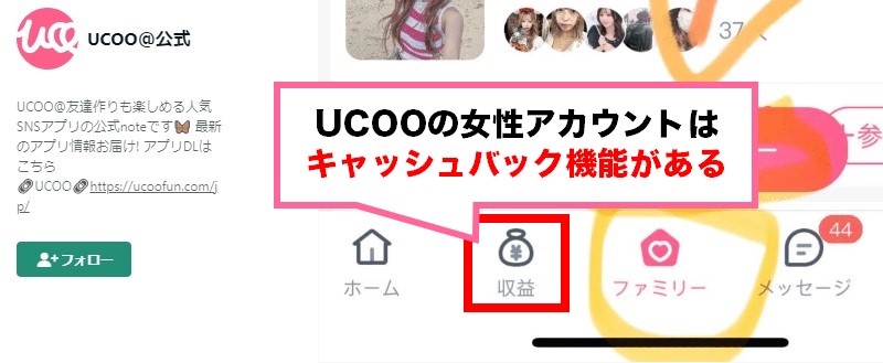 UCOOの女性アカウントはキャッシュバック機能がある