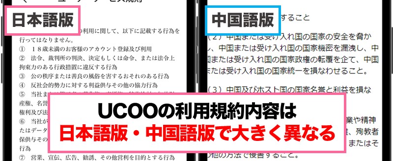 UCOOの利用規約は日本語と中国語で大きく異なる