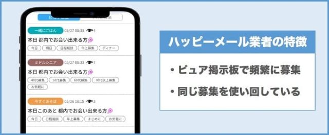 ハッピーメール業者の特徴⑩ピュア掲示板で頻繁に募集