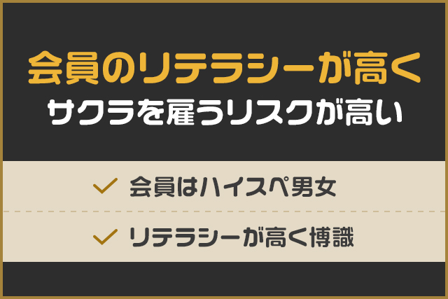 会員のリテラシーが高くサクラを雇うリスクが高い