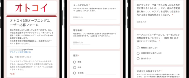オトコイ　応募フォームの回答事項