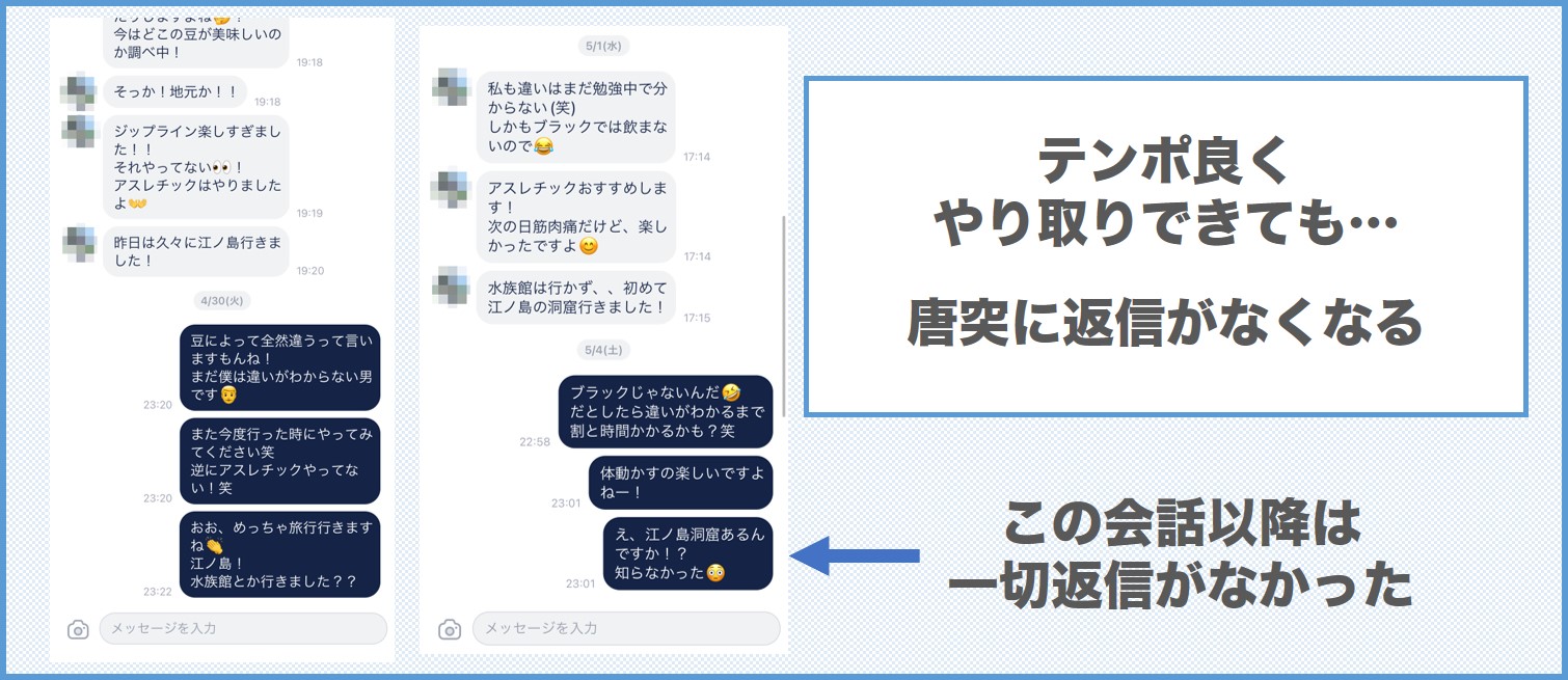 タップルの女性とやり取りしたが急に返信が来なくなる