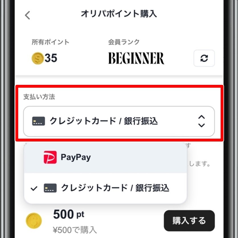 cloveオリパ　ポイント購入画面　支払い方法