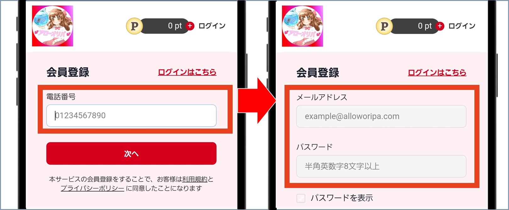 アローオリパ 電話番号やメールアドレスを入力