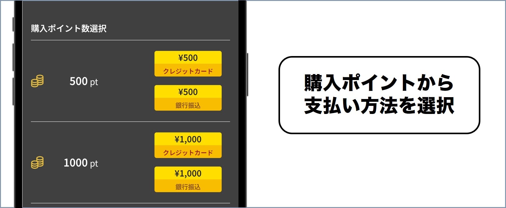 トレカレインボー 購入したいポイントから支払い方法をタップ