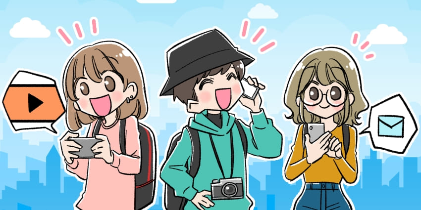海外でWiFiを使っている人々のイラスト