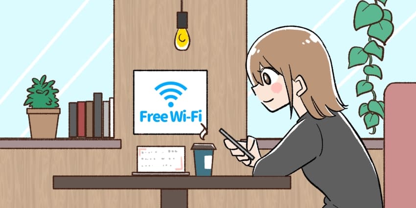 カフェでフリーWiFiを利用している人のイラスト